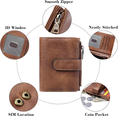 HOTGOIACII Small Wallet Women RFID Blocking Trifold Clutch Ladies Credit Card Holder Zipper Pocket Wallets for Women Brown