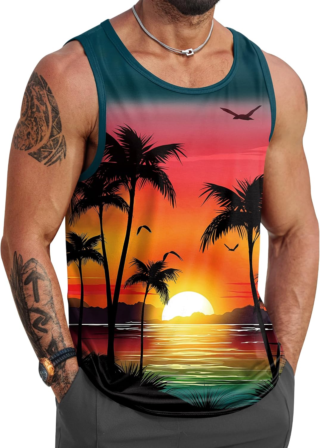 HOTVOGSTART Mens Hawaiian Beach Tank Tops Summer Vacation Muscle Top Graphic Sleeveless Shirts (S-3XL)