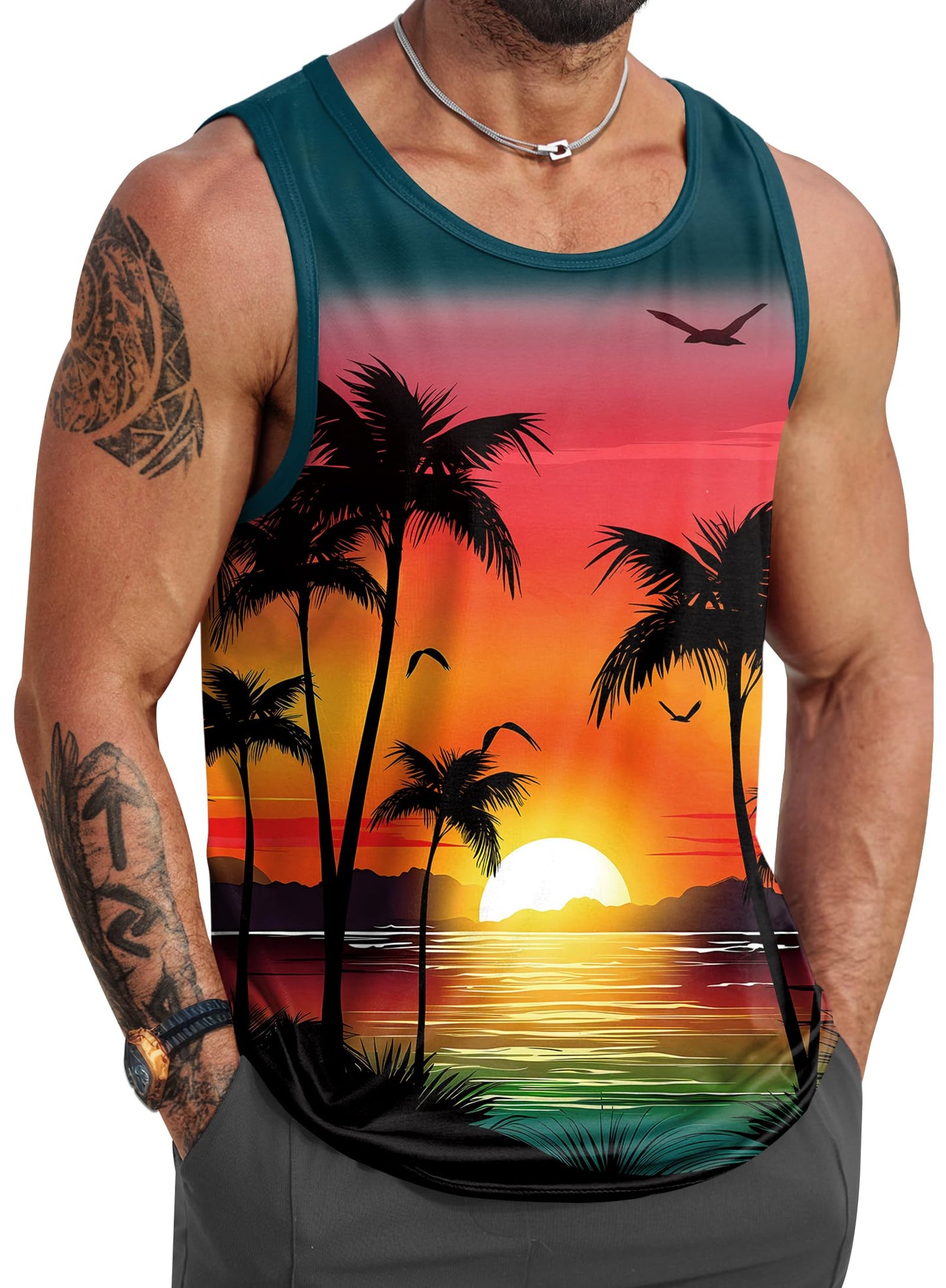 HOTVOGSTART Mens Hawaiian Beach Tank Tops Summer Vacation Muscle Top Graphic Sleeveless Shirts (S-3XL)