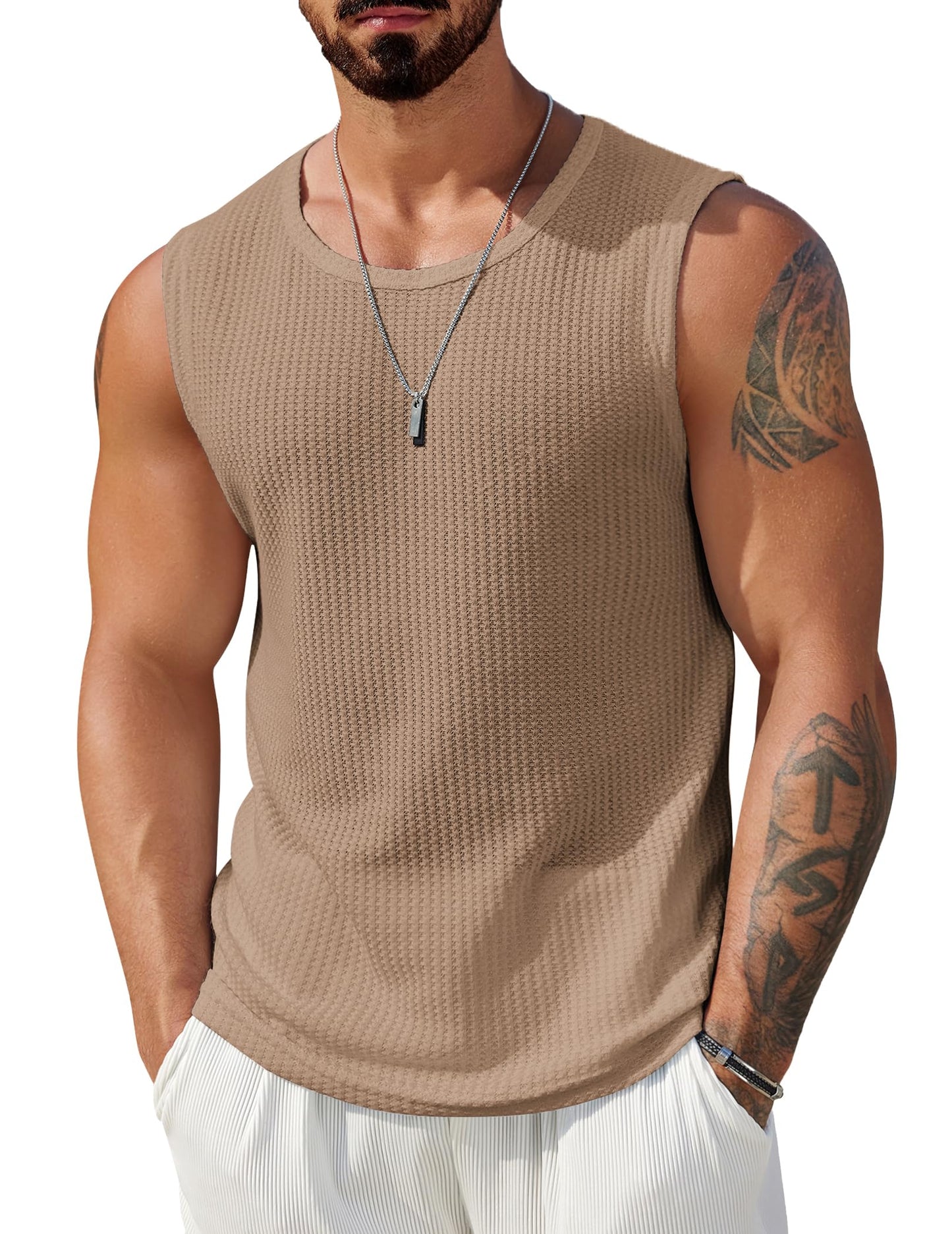 HOTCOOFANDY Mens Casual Tank Tops 2 Pack Waffle Knit Sleeveless Shirt Breathable Tank Shirts Summer Muscle Tee