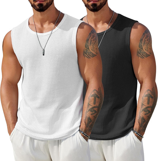 HOTCOOFANDY Mens Casual Tank Tops 2 Pack Waffle Knit Sleeveless Shirt Breathable Tank Shirts Summer Muscle Tee