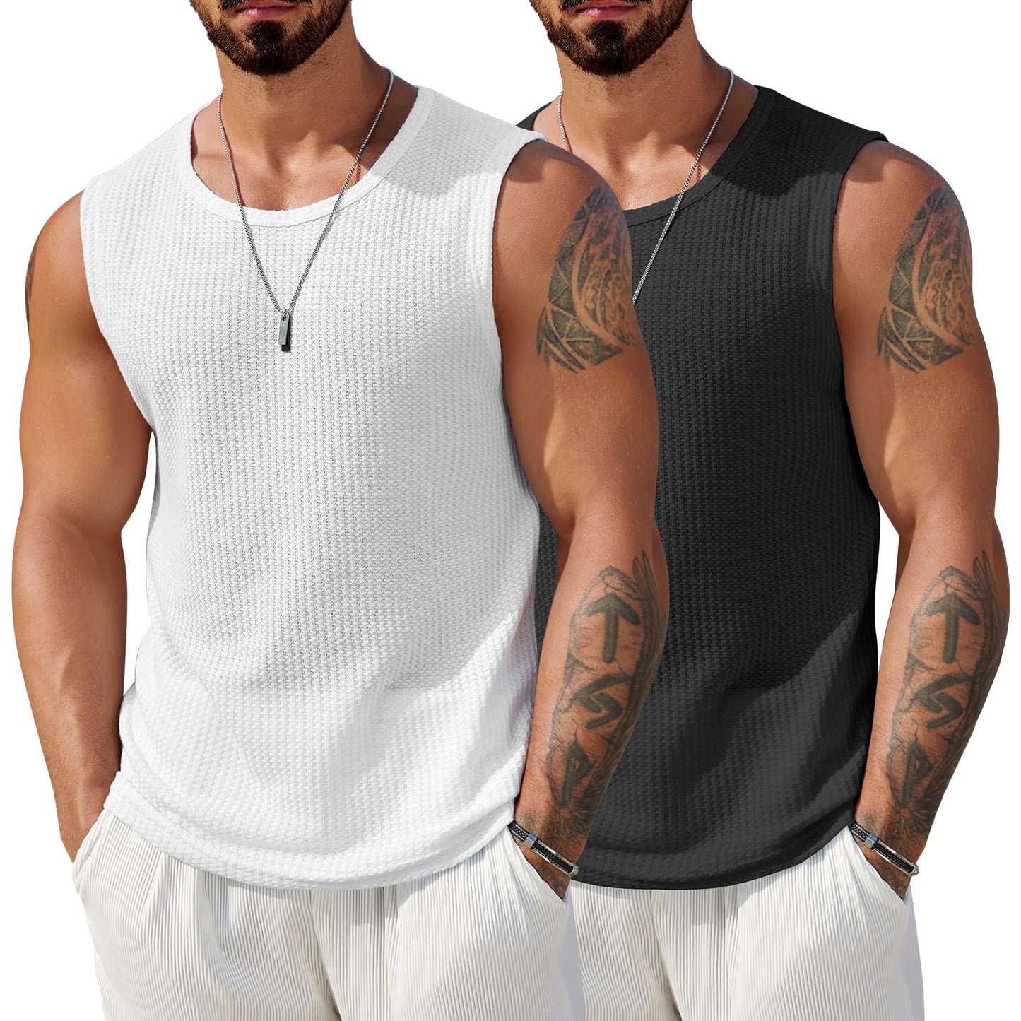 HOTCOOFANDY Mens Casual Tank Tops 2 Pack Waffle Knit Sleeveless Shirt Breathable Tank Shirts Summer Muscle Tee