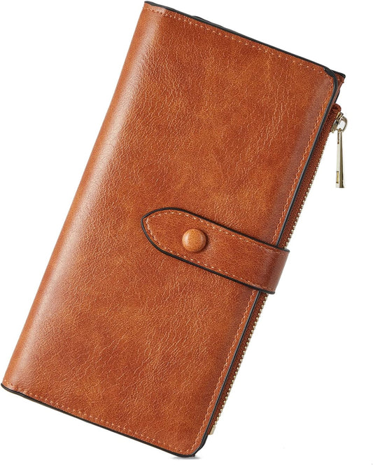 HOTBOSTANTEN Womens Leather Wallet RFID Large Capacity Credit Card Holder | 4 ID Windows, 16 Card Slots, Zipper Coin Pocket, Clutch Wallet, Long Bifold, Ladies Gifts, Brown