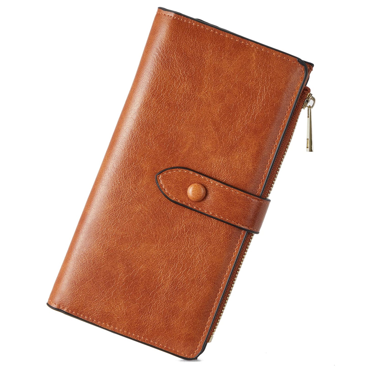 HOTBOSTANTEN Womens Leather Wallet RFID Large Capacity Credit Card Holder | 4 ID Windows, 16 Card Slots, Zipper Coin Pocket, Clutch Wallet, Long Bifold, Ladies Gifts, Brown
