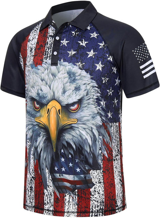 HOTRAISEVERN Mens American Flag Print Golf Polo Shirt Patriotic Raglan Sleeve Tees