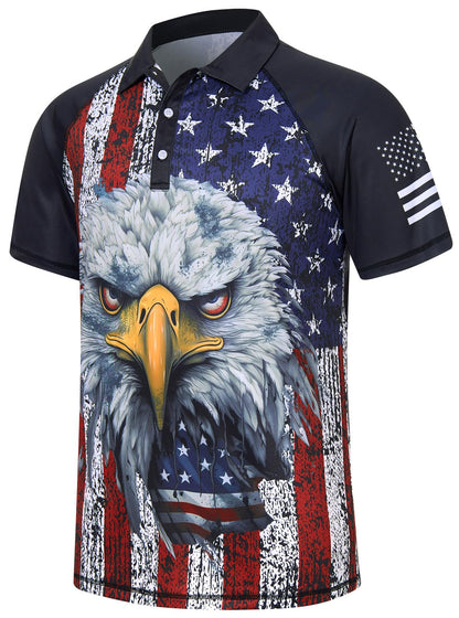HOTRAISEVERN Mens American Flag Print Golf Polo Shirt Patriotic Raglan Sleeve Tees