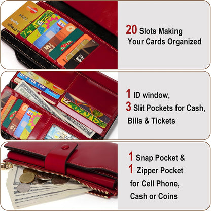 HOTYALUXE Women's Genuine Leather Wallet RFID Blocking Multi Card Holder with Cell Phone Pocket Mothers Day Gifts