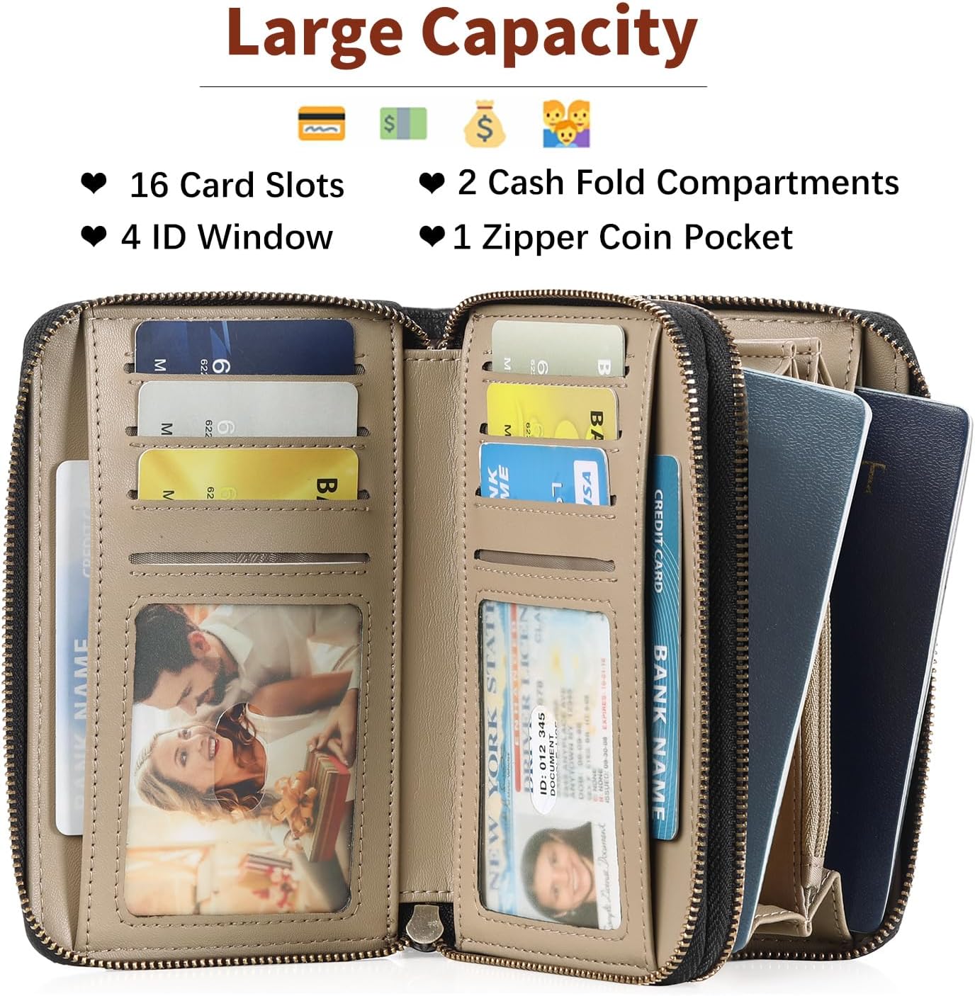 HOTGOIACII Women's Wallet Double Zip Around Credit Card Holder Ladies Wallet Rfid Blocking Wristlet Purse Medium Size Leather Black