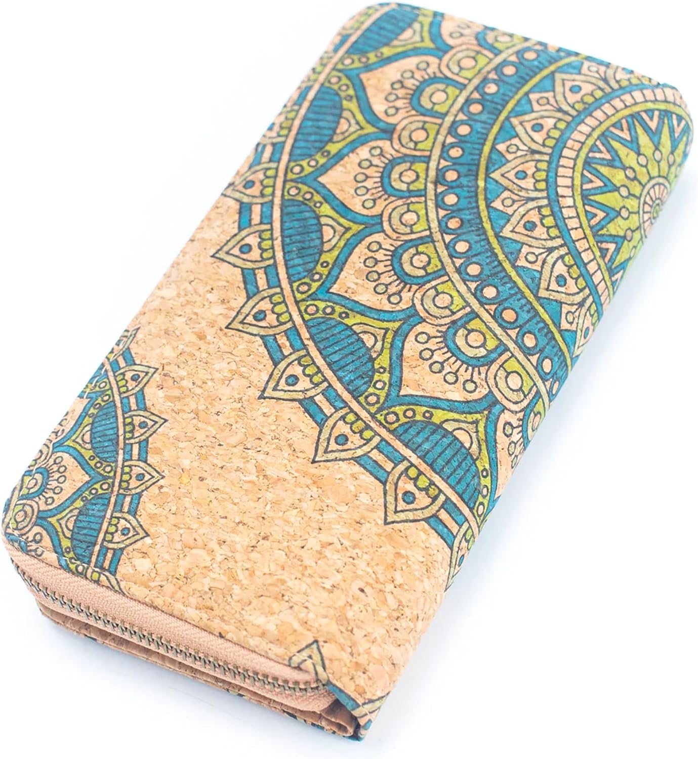 HOTNatural cork zipper wallet, vegan wallet Eco friendly gift, lightweight durable (Green Mandala)