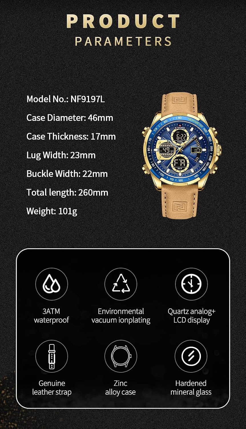 HOTNAVIFORCE Men's Military Digital Watches Analog Quartz Waterproof Watch Sport Multifunctional Leather Wristwatch