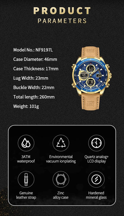 HOTNAVIFORCE Men's Military Digital Watches Analog Quartz Waterproof Watch Sport Multifunctional Leather Wristwatch