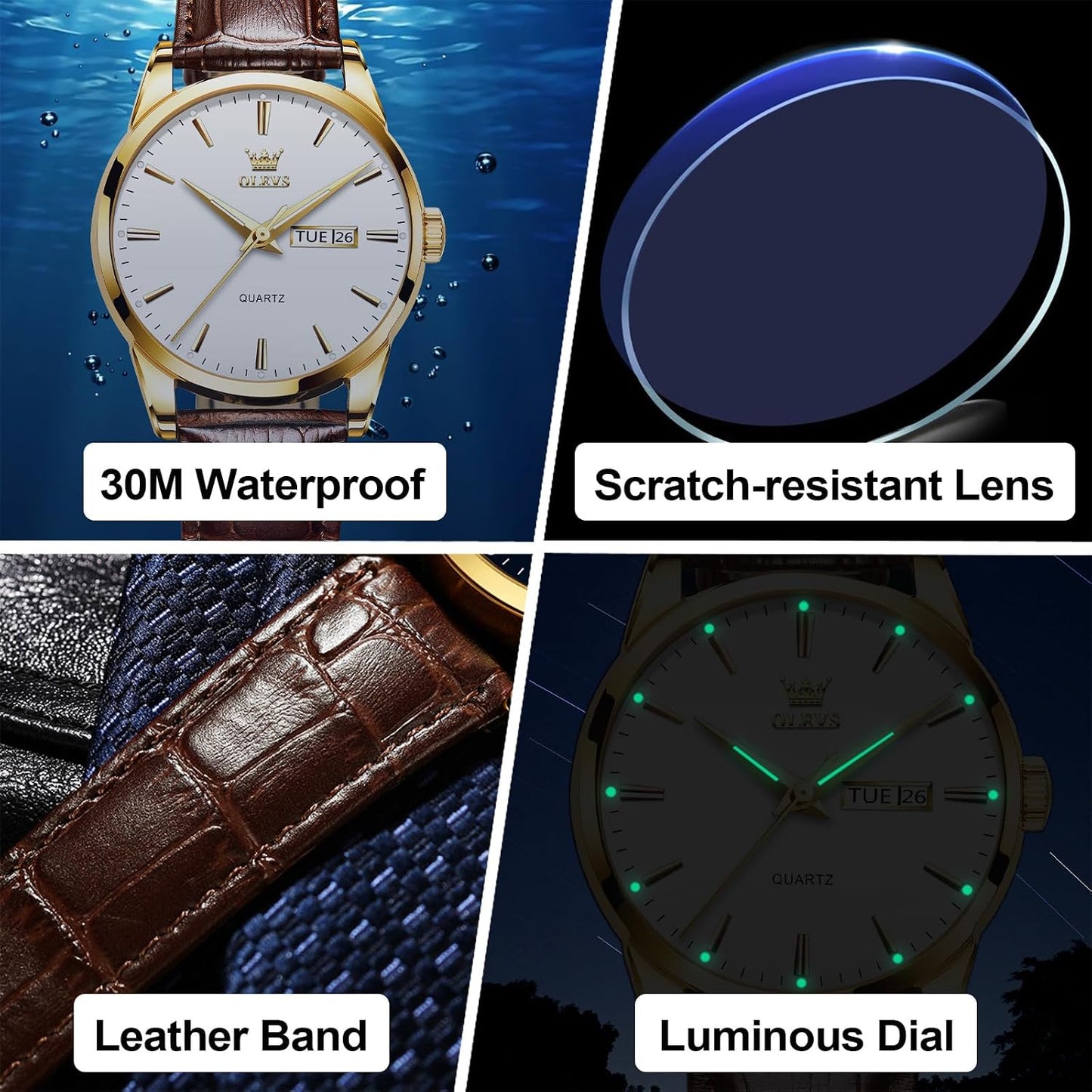 HOTQBAIZI Men's Casual Leather Watch, Easy to Read Three-Hand Analog Stainless Steel Watches for Men, Minimalist Day Date Waterproof Luminous Mens Quartz Wristwatch