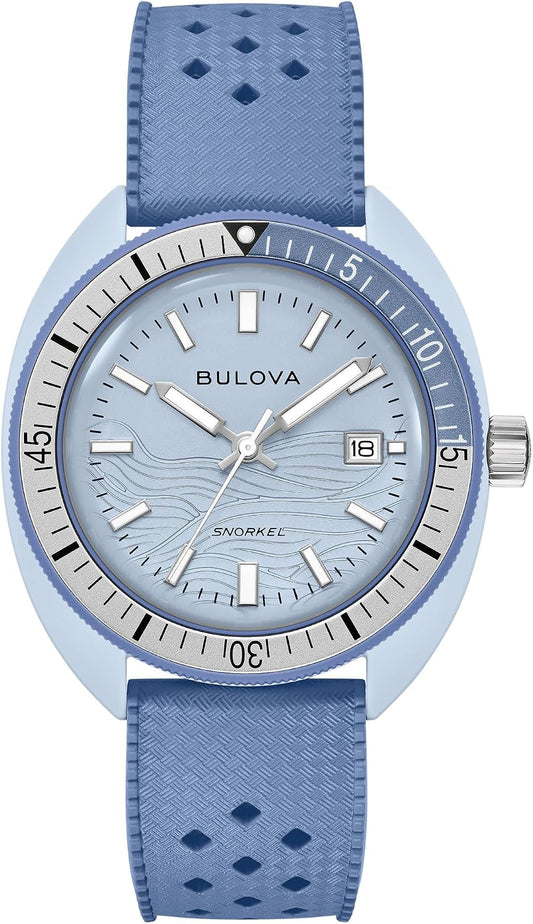 HOTBulova Oceanographer Snorkel Amazon Exclusive Ceramic Case and White Perforated Rubber Strap Watch, Day Date 100M WR