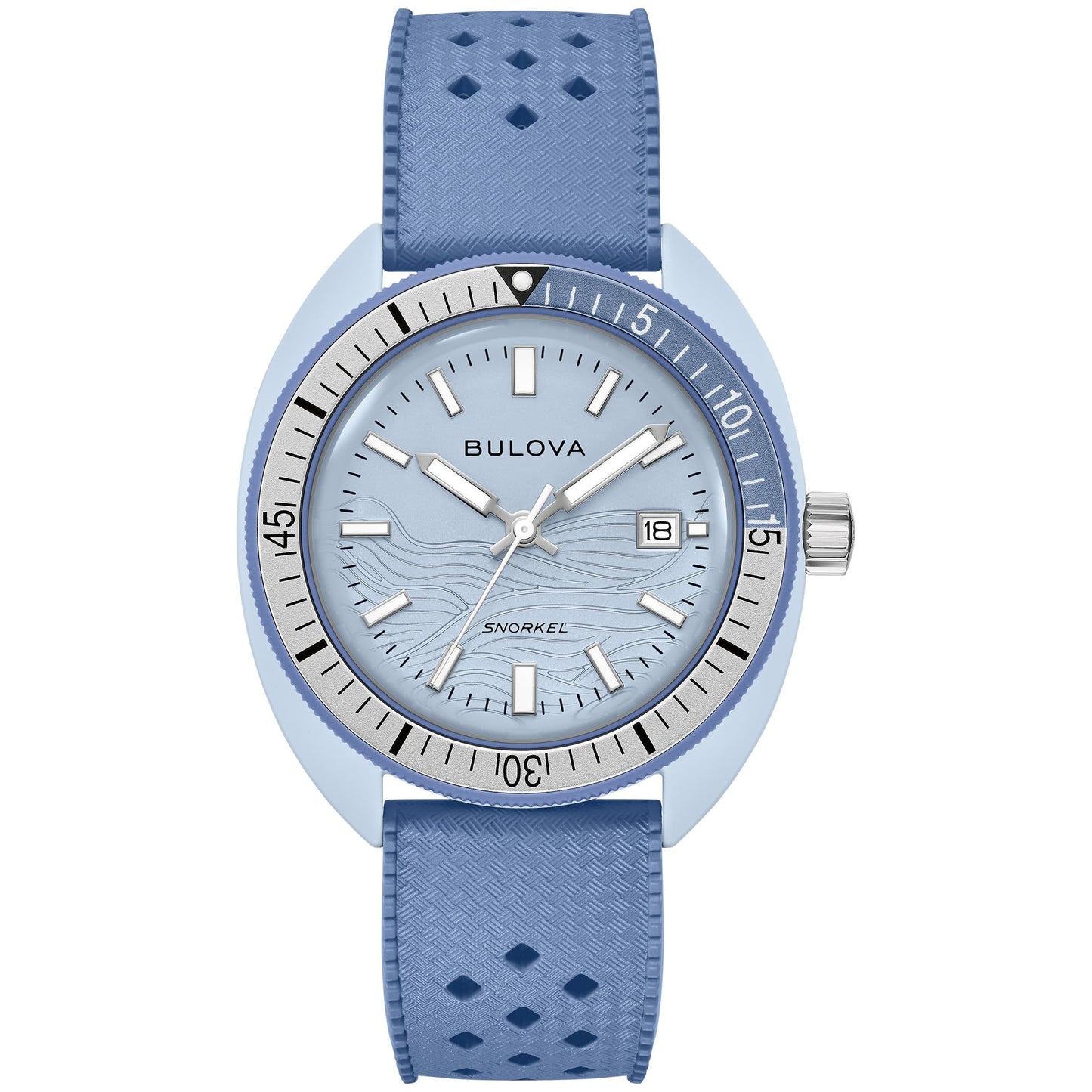 HOTBulova Oceanographer Snorkel Amazon Exclusive Ceramic Case and White Perforated Rubber Strap Watch, Day Date 100M WR