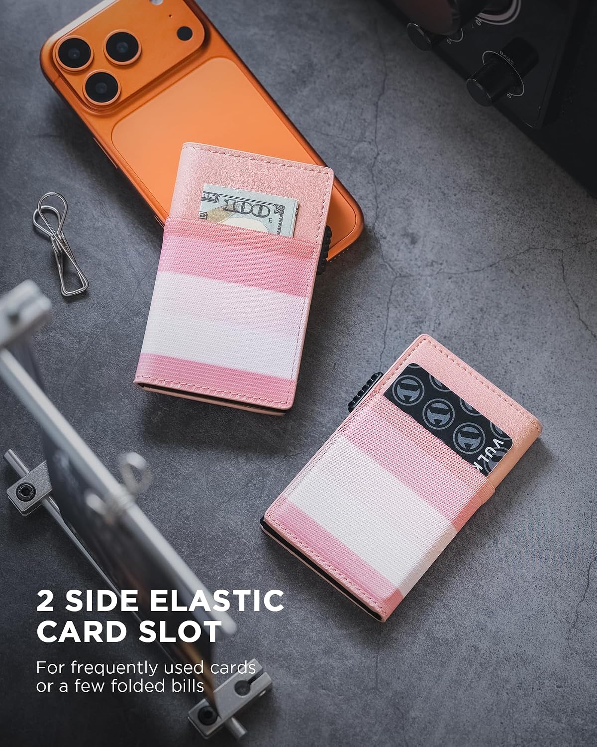 HOTVULKIT Card Holder for Women Slim Card Wallet Minimalist Bifold Credit Card Holder RFID Blocking Pop Up Metal Card Case Magnetic Closure, Stripe Pink