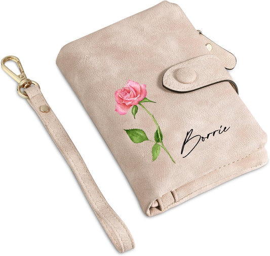 HOTPersonalized Custom Wallet with Name & Birth Flower for Women Multi Credit Card Wallet With Wrist Strap Birthday Gifts for Mom Mothers Day (Pink)