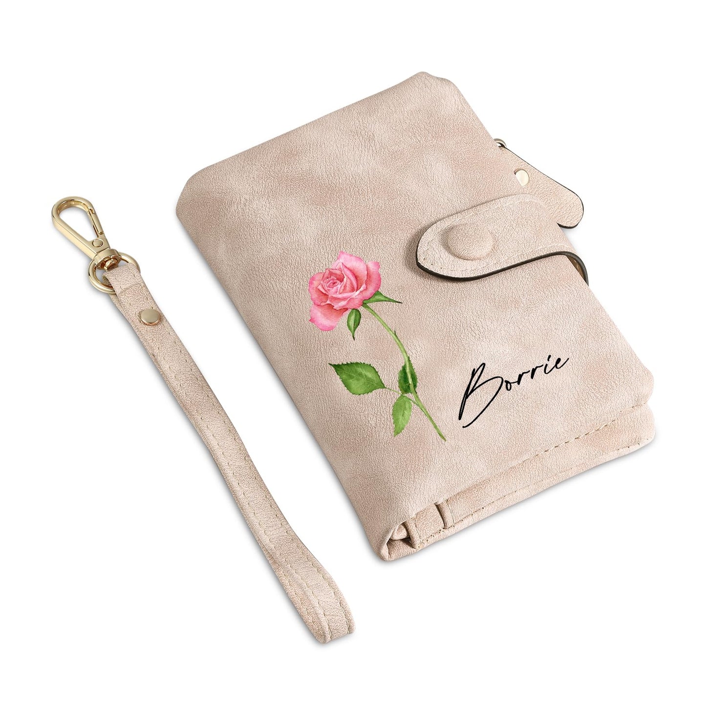 HOTPersonalized Custom Wallet with Name & Birth Flower for Women Multi Credit Card Wallet With Wrist Strap Birthday Gifts for Mom Mothers Day (Pink)