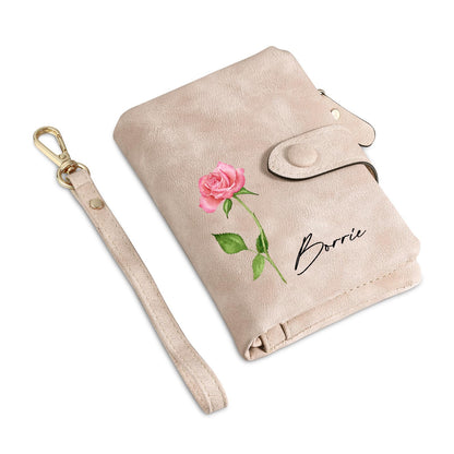 HOTPersonalized Custom Wallet with Name & Birth Flower for Women Multi Credit Card Wallet With Wrist Strap Birthday Gifts for Mom Mothers Day (Pink)