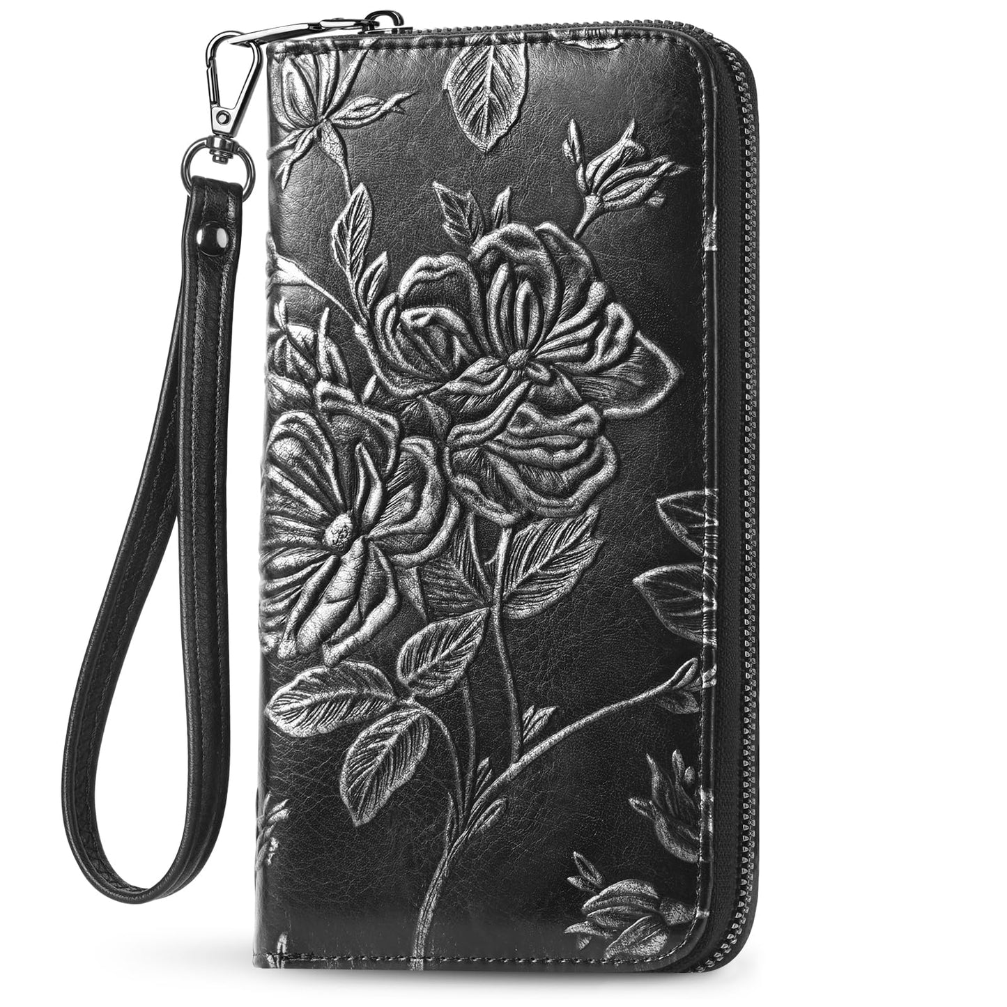HOTWristlet Wallet for Women - Large Capacity RFID Leather Clutch | Premium vegan leather, rose embossed with a pen slot. Fits phones up to 6.9". 15 card slots & RFID. Ideal for travel & daily.