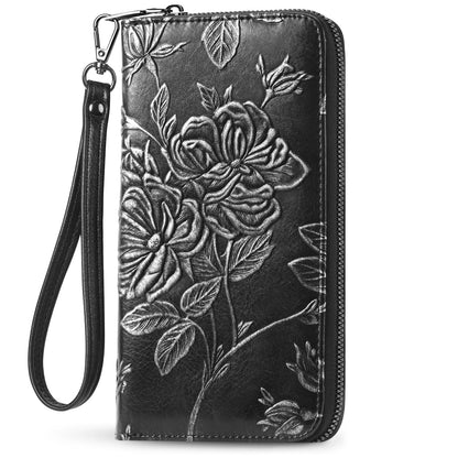 HOTWristlet Wallet for Women - Large Capacity RFID Leather Clutch | Premium vegan leather, rose embossed with a pen slot. Fits phones up to 6.9". 15 card slots & RFID. Ideal for travel & daily.