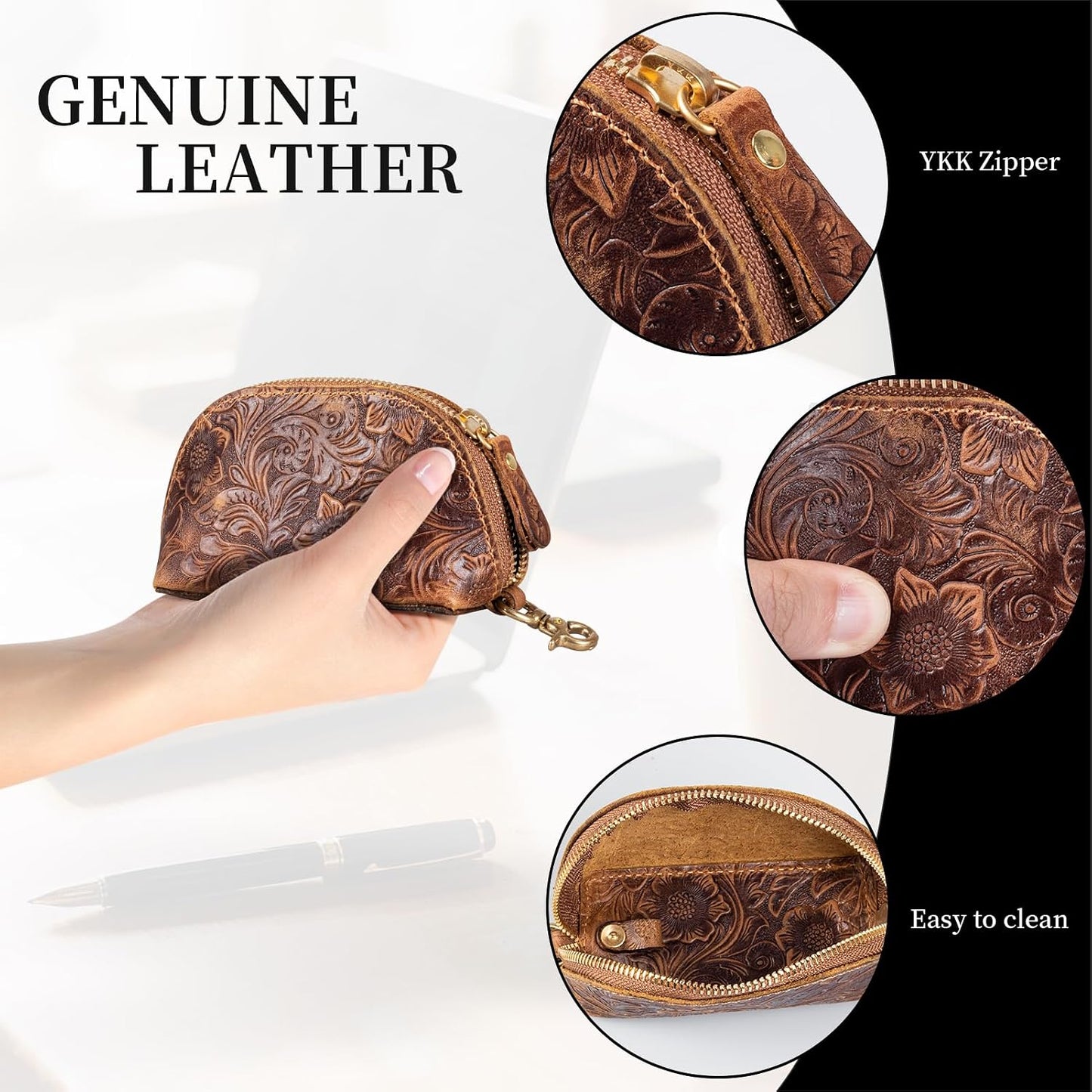 HOTGexmil Genuine Leather Coin Purse with Zipper, Mini Coin Pouch | Full Grain Leather Bag for Women Men,Change Wallet,Zipper Closure,Earbuds Chargers Cables,Floral Brown