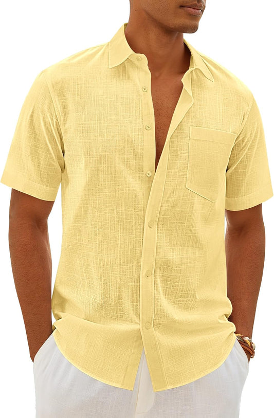 HOTMens Linen Textured Shirt Cotton Short Sleeve Summer Button Down Shirts | 100% Cotton, Linen-look Texture, Casual Wear, Breathable Feel, Lightweight, Untucked, Regular Fit, Beach, Vacation, Resort