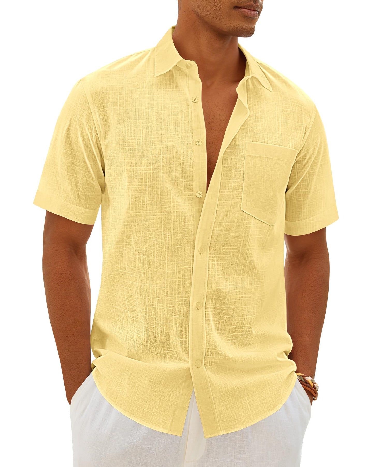HOTMens Linen Textured Shirt Cotton Short Sleeve Summer Button Down Shirts | 100% Cotton, Linen-look Texture, Casual Wear, Breathable Feel, Lightweight, Untucked, Regular Fit, Beach, Vacation, Resort