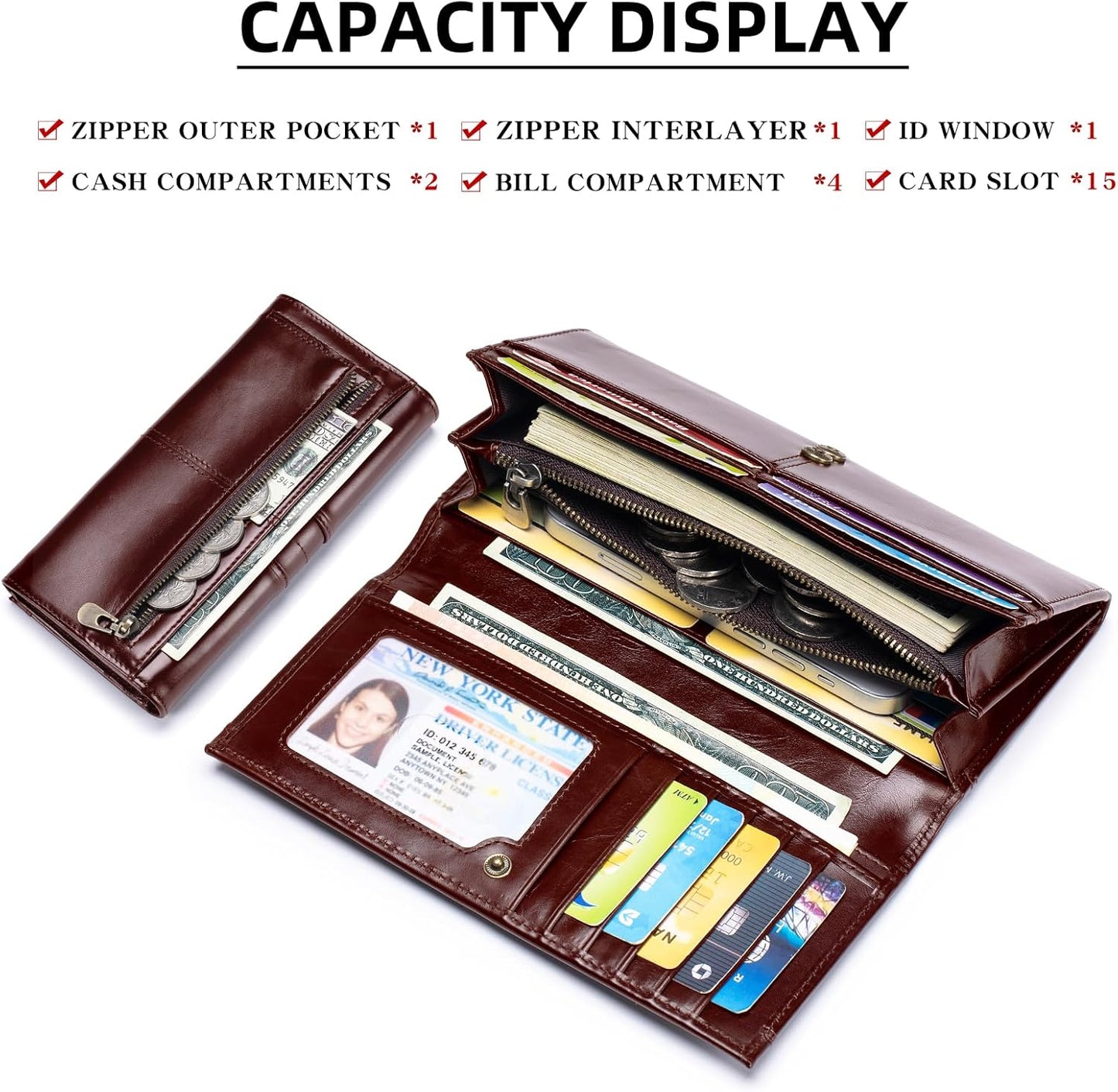 HOTRFID Blocking Wallets for Women Leather Long Ladies Wallet Bifold Womens Wallet with Coin Pocket ID Window,Coffee