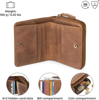 HOTBERLINER BAGS Genuine Leather Small Wallet Women Sara, Gift Box – Brown | Soft Leather Bifold Zip Wallet, Fits Purses & Crossbody Bags, 8 Card Slots, Zipped Coin Pocket, RFID Blocking