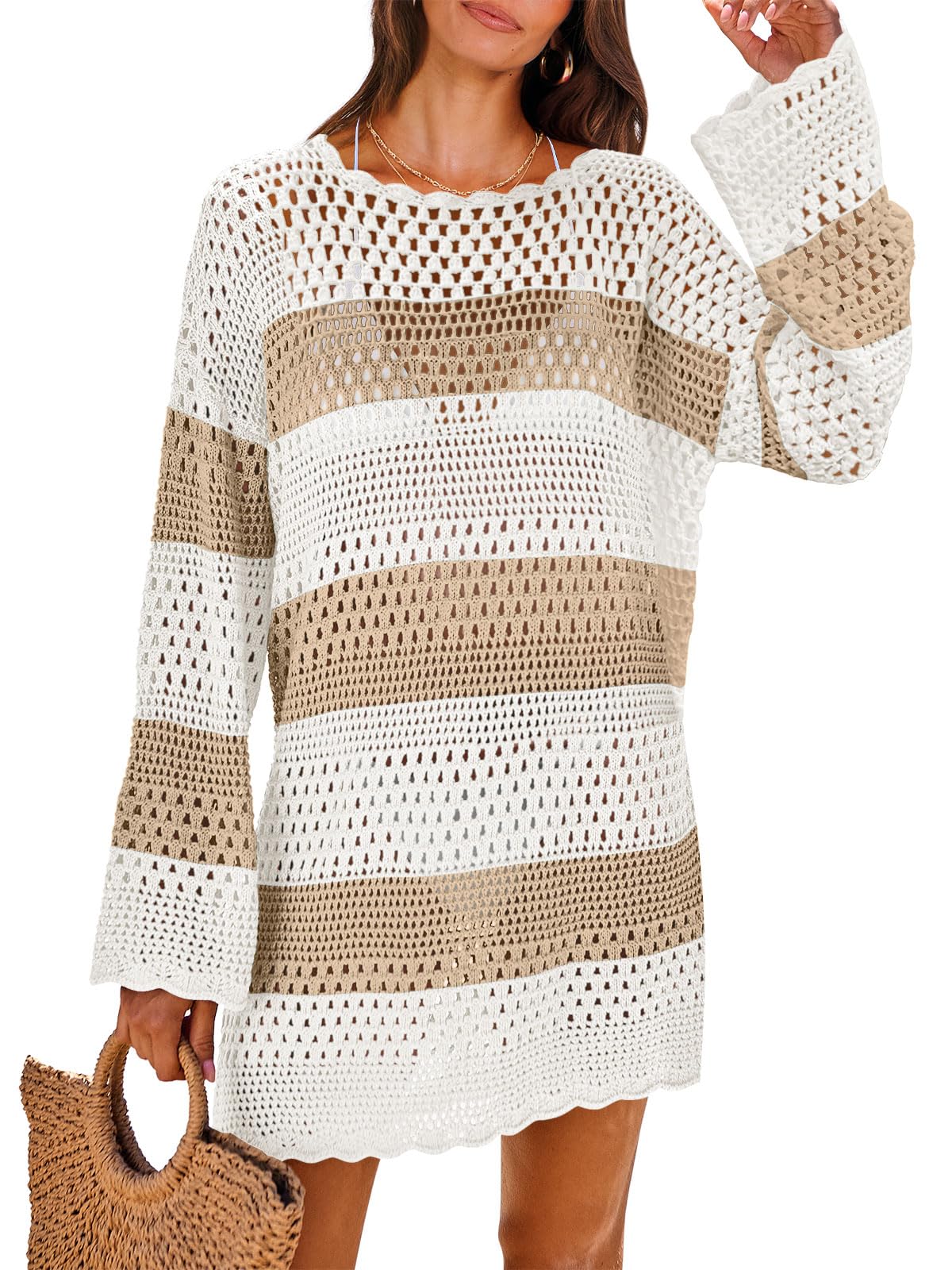 HOTANRABESS Women Swimsuit Crochet Swim Cover Up 2026 Summer Bathing Suit Swimwear Mesh Knit Beach Dress Vacation Outfits
