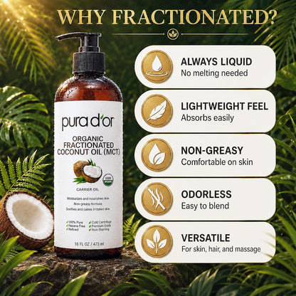 HOTPURA D'OR ORGANIC Fractionated Coconut Oil MCT Oil (16 Oz) 100% Pure & Natural USDA Certified