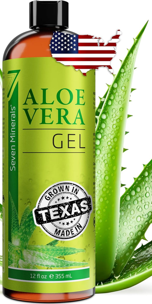 HOTSeven Minerals Aloe Vera Gel with Freshly Cut Pure Organic Aloe - Big 12oz - Texas Grown, HighestQuality, Vegan, Unscented, Non-Sticky - After Sun, Skin & Face Moisturizer, Hair Mask