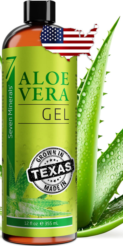 HOTSeven Minerals Aloe Vera Gel with Freshly Cut Pure Organic Aloe - Big 12oz - Texas Grown, HighestQuality, Vegan, Unscented, Non-Sticky - After Sun, Skin & Face Moisturizer, Hair Mask