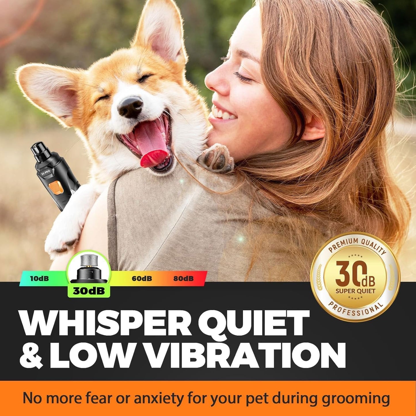 HOTWhisper Quiet Dog Nail Grinder Safe & Stress-Free for Sensitive Dogs Cats | 4 LED Lights,3 Grinding Bits, 3-Speed, Pet Nail Trimmers, Rechargeable Painless Grooming Kit for All Breeds & Sizes