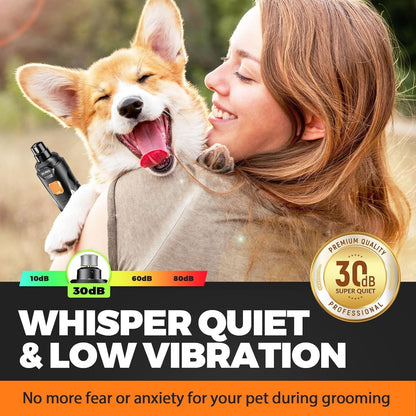 HOTWhisper Quiet Dog Nail Grinder Safe & Stress-Free for Sensitive Dogs Cats | 4 LED Lights,3 Grinding Bits, 3-Speed, Pet Nail Trimmers, Rechargeable Painless Grooming Kit for All Breeds & Sizes