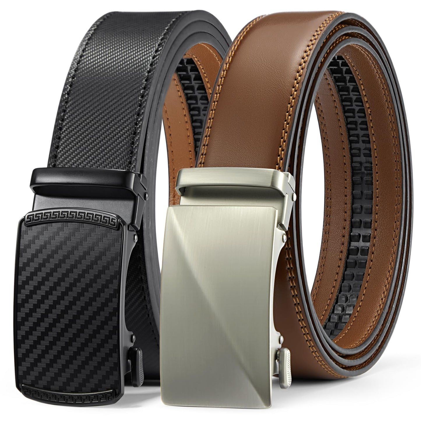 HOTBOSTANTEN Ratchet Leather Belt For Men 2 Pack Dress and Casual with Adjustable Buckle, Trim to Fit