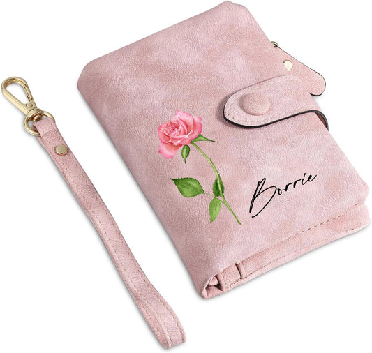 HOTPersonalized Custom Wallet with Birth Flower & Name for Women Mom Credit Card Wallet With Wrist Strap Birthday Gifts for Mothers Day (Pink)