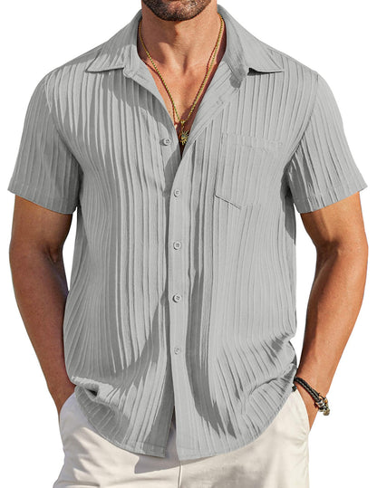 HOTCOOFANDY Men's Casual Button Down Shirts Short Sleeve Textured Summer Beach Shirt with Pocket