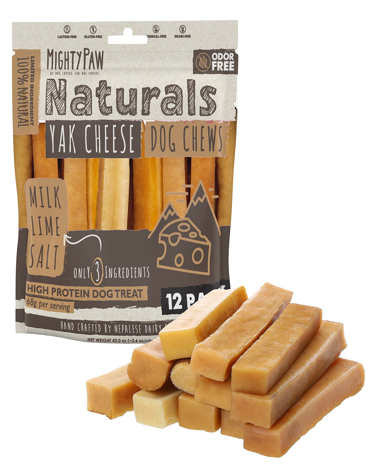 HOTMighty Paw Yak Cheese Dog Chews – All-Natural Long Lasting Hard Chew for Aggressive Chewers – High Protein, Odor-Free Dog Treat – 3 Ingredient Natural Yak Chews for Large Dogs – (4 Pack)