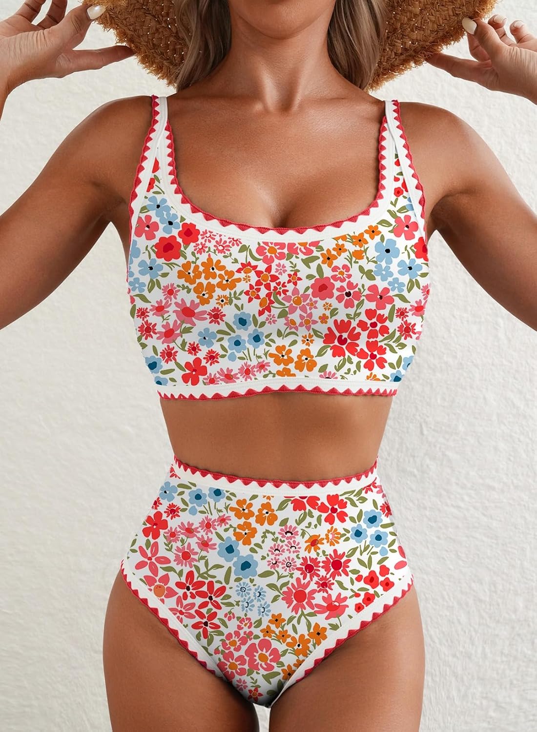 HOTHerseas Women's Bikini Sets Floral Print Whip Stitch 2 Piece Swimsuits High Waisted Scoop Bathing Suits