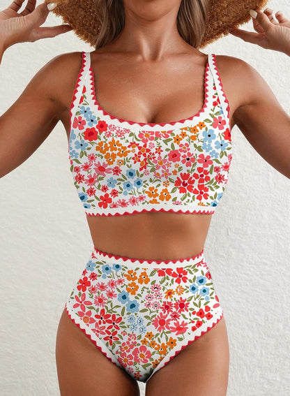 HOTHerseas Women's Bikini Sets Floral Print Whip Stitch 2 Piece Swimsuits High Waisted Scoop Bathing Suits