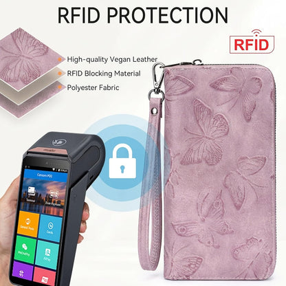 HOTBELTANA Womens Wallet RFID Wallet Women with Passport Holder Butterfly Vegan Leather Multi Card Slots Wallets Large Capacity Wristlet Travel Purse for Women (Purple)
