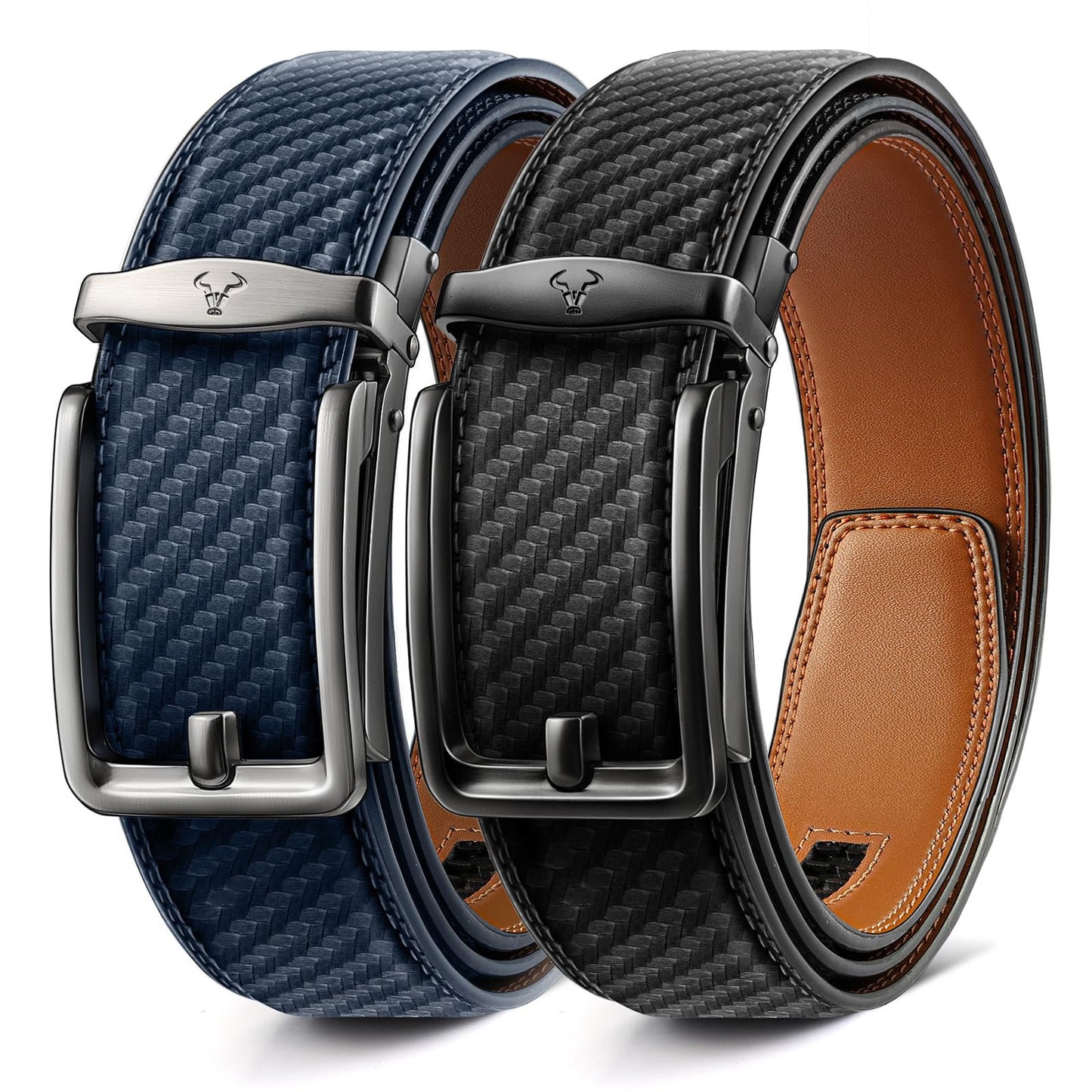 HOTBULLIANT Men Ratchet Belt 2 Pack, Click Sliding Leather Belt Adjustable for Gift Men Dress Casual Jeans 1 3/8,Cut for Fit