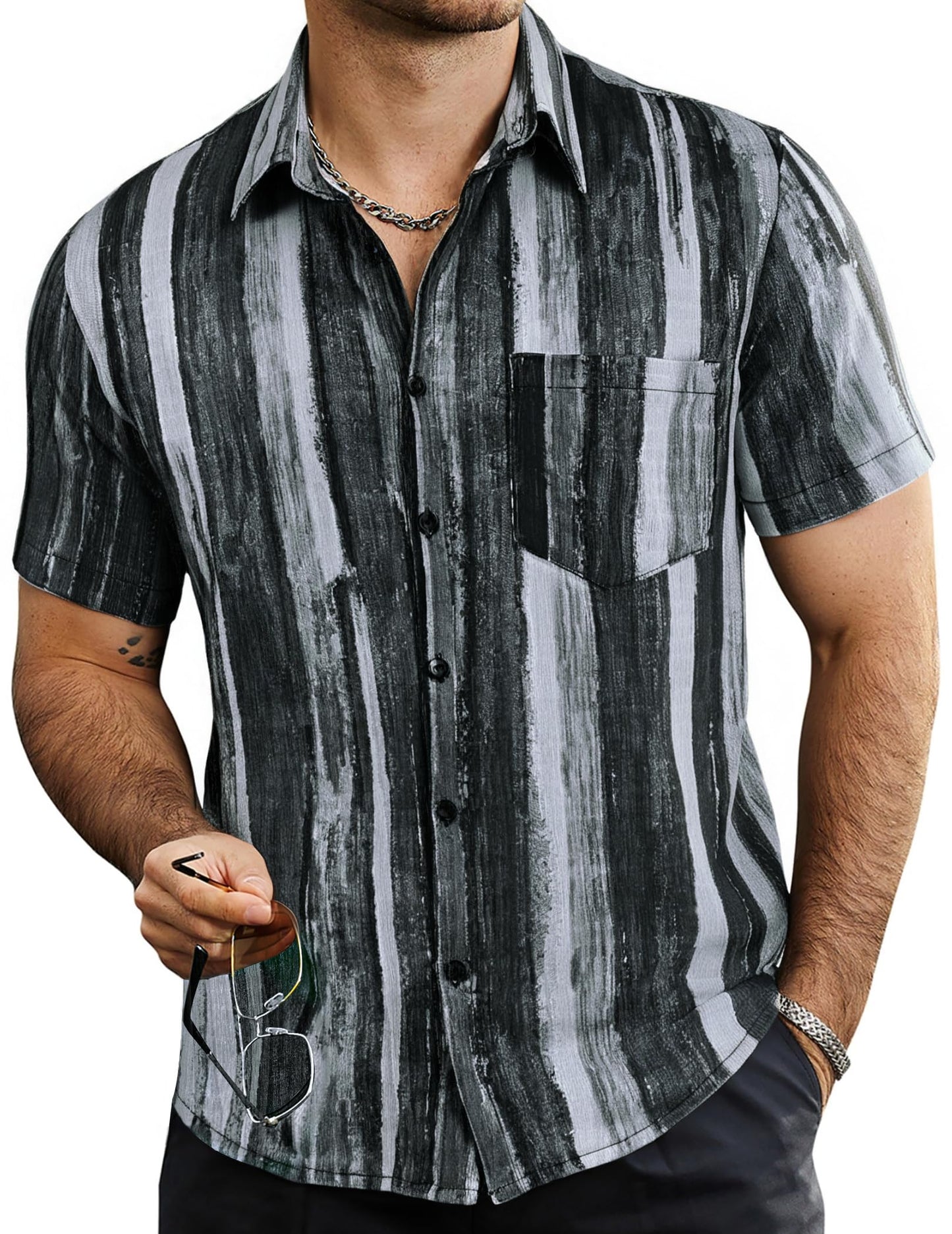 HOTVATPAVE Mens Summer Striped Shirts Button Down Short Sleeve Vintage Beach Hawaiian Shirts with Pocket