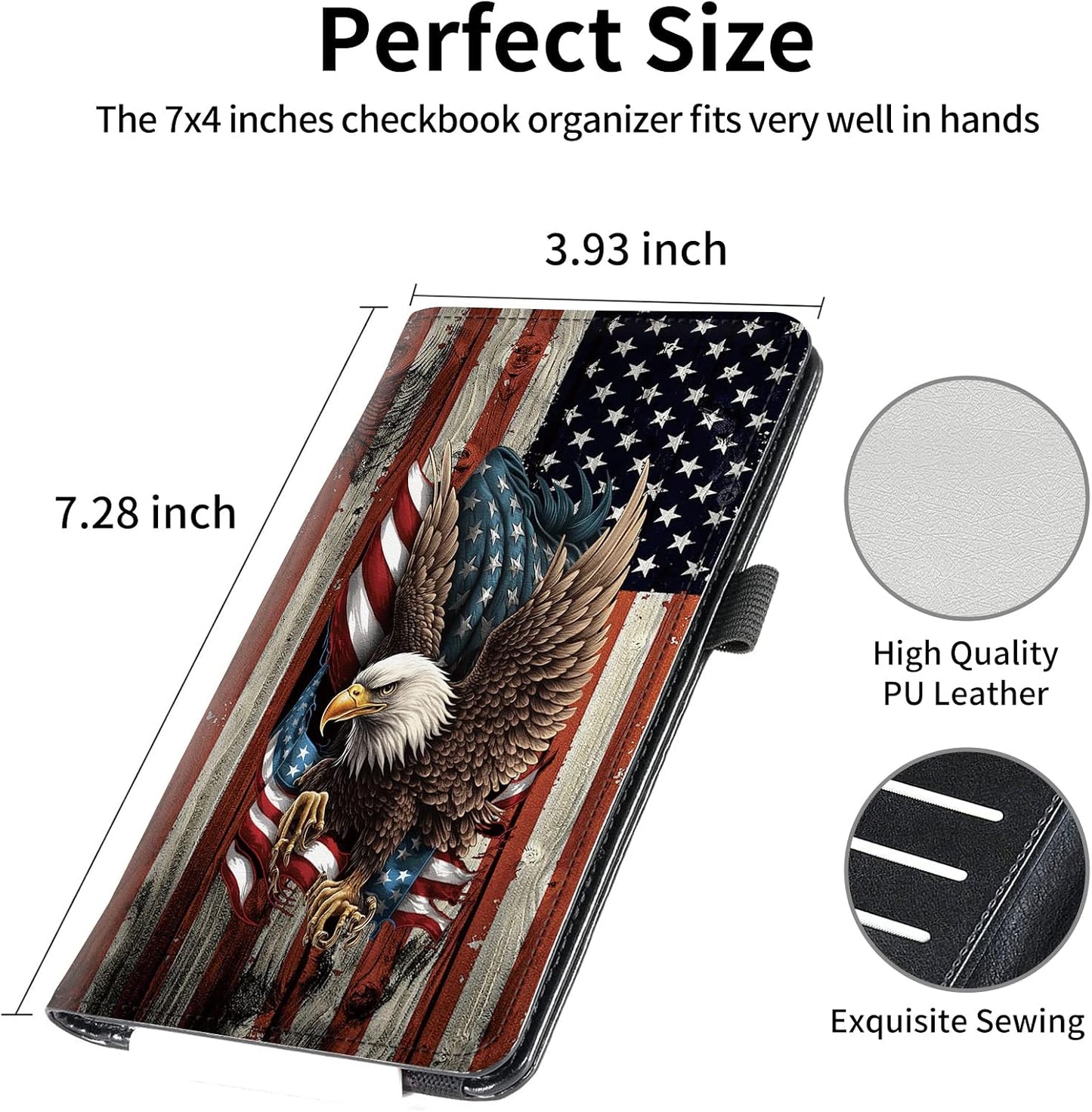 HOTFUYOCWE Leather Checkbook Cover for Men Women Check book Holder Cover for Personal Checkbook Checks with RFID Blocking & Elastic Strap-Bald Eagle with Flag