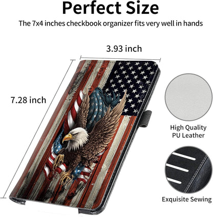 HOTFUYOCWE Leather Checkbook Cover for Men Women Check book Holder Cover for Personal Checkbook Checks with RFID Blocking & Elastic Strap-Bald Eagle with Flag