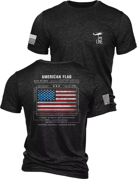 HOTNine Line Old Glory Flag Schematic T-Shirt for Men | Patriotic American Flag Freedom Shirt, USA Made Veteran Owned Apparel