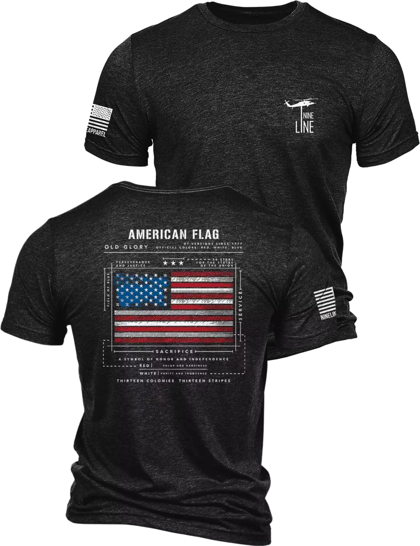 HOTNine Line Old Glory Flag Schematic T-Shirt for Men | Patriotic American Flag Freedom Shirt, USA Made Veteran Owned Apparel