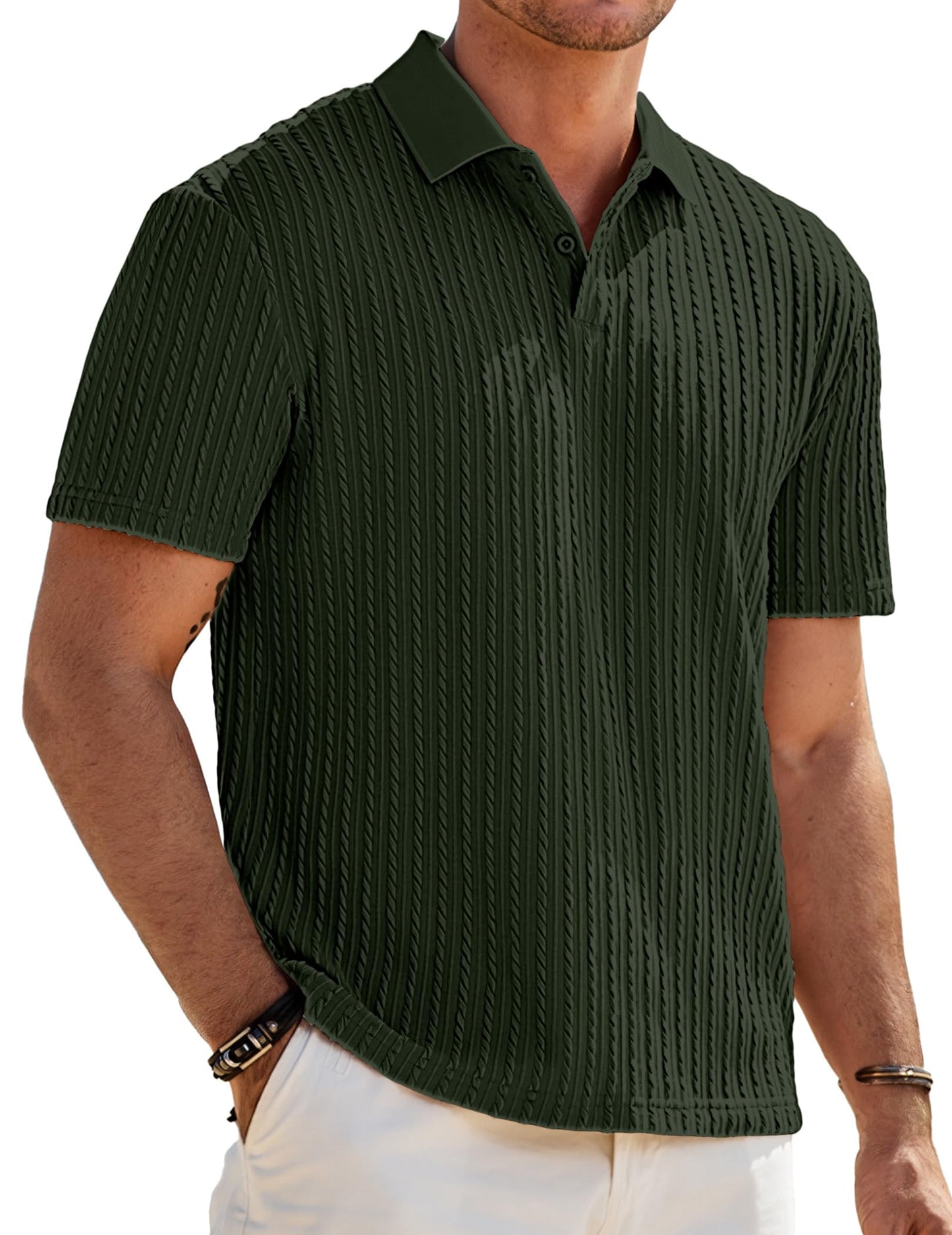 HOTJMIERR Mens Casual Polo Shirt Summer Short Sleeve Vacation Button Beach Knit Stretchy Golf Shirts