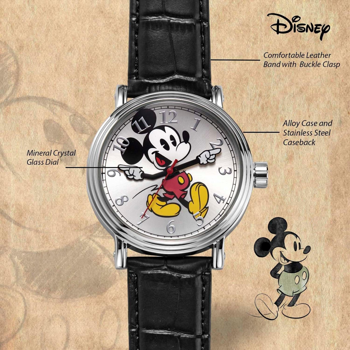 HOTFull Color Mickey Mouse Head Silhouette Watch for Men \u2013 Iconic Mickey Mouse Watches for Men \u2013 Stylish Watch \u2013 Classic Watches with Silver Dial &amp; Black Leather Bracelet